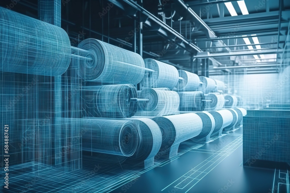 Poster a large group of rolls of paper on a blue background with a wire frame factory animation manufacturi