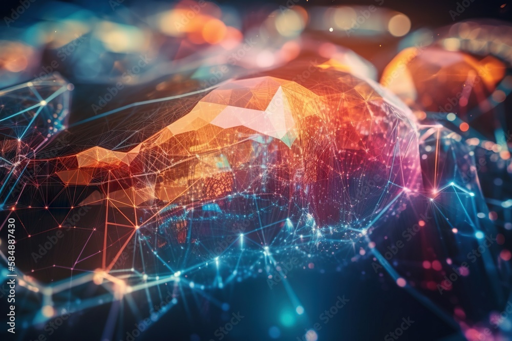 Poster a colorful abstract image of a human brain with a network of dots deep sea trench animation motion g