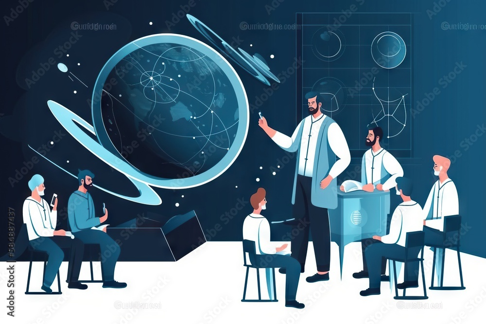 Poster a group of people sitting around a table with a globe on it workshop graphic design science educatio