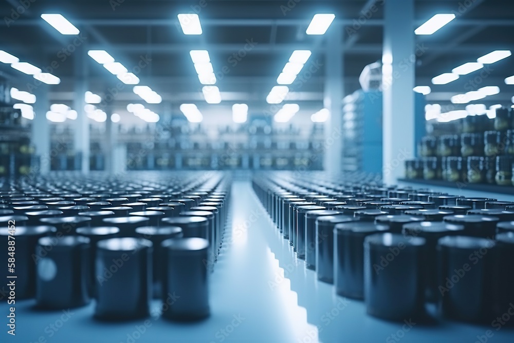 Poster a large room with rows of cans of beer in it and a blue floor factory animation manufacturing planni