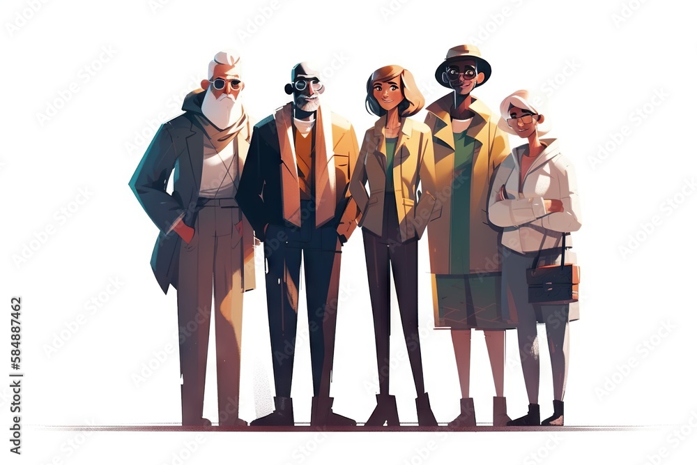 Poster a group of people standing next to each other in front of a white background zoo cubism group travel
