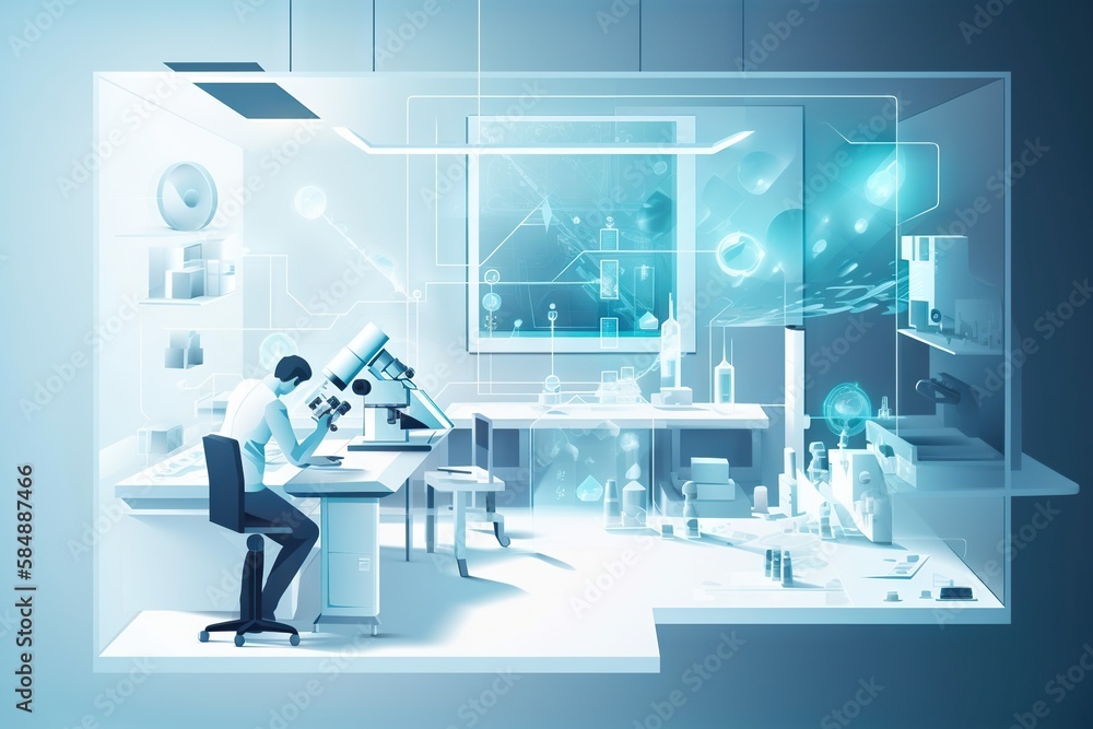 Poster a man is looking through a microscope in a laboratory with a blue background workshop panoramic phot