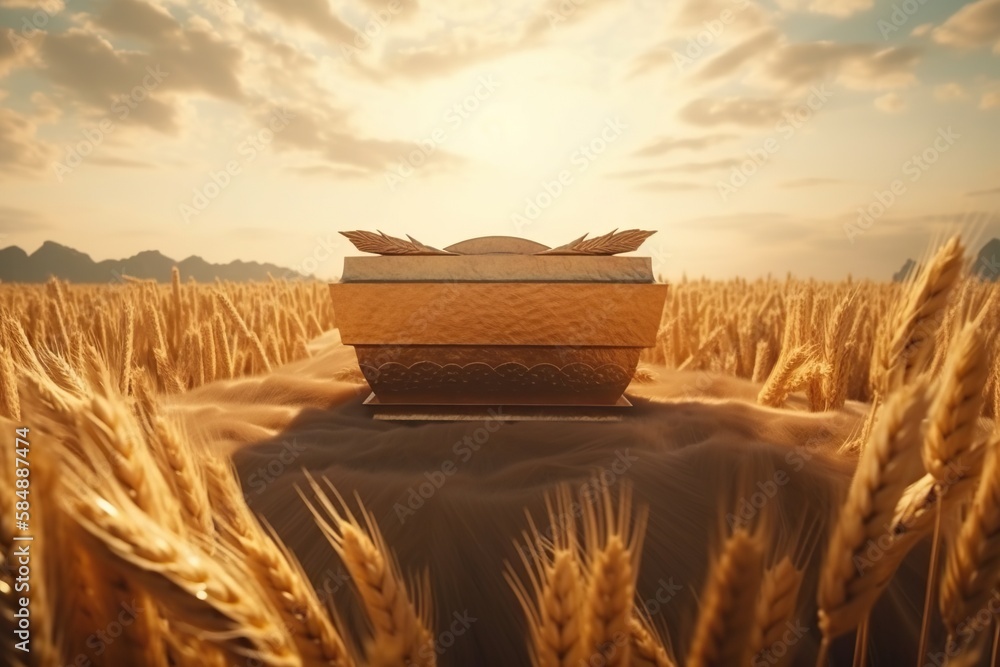 Poster a wheat field with a box in the middle of it and a sky background countryside wheat fields advertisi