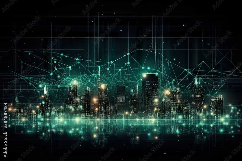 Poster a city skyline with lines and dots over it and a dark background modern urban skyline video art data