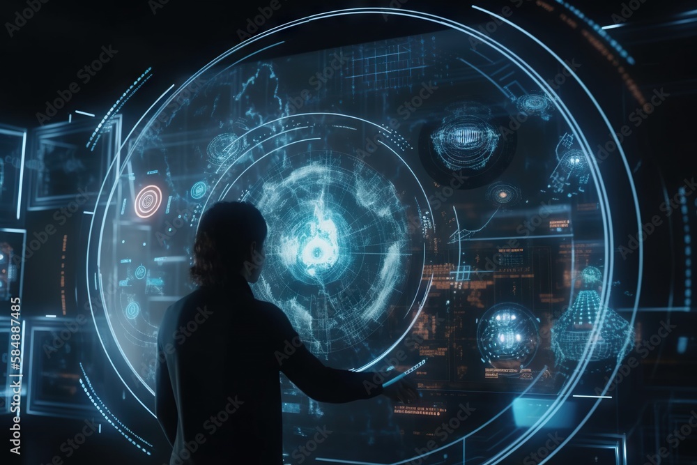 Poster a man standing in front of a futuristic display of circles and circles conference room animation dat