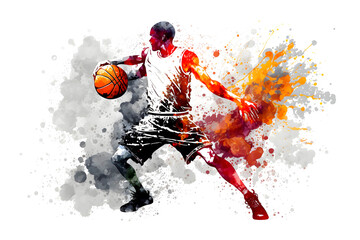 Naklejka na ściany i meble Basketball watercolor splash player in action with a ball isolated on white background. Neural network AI generated art