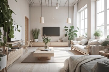 Fototapeta na wymiar Scandinavian minimalism. Bright studio living room. Comfortable design, panoramic windows, huge modular couch, wooden lamp, TV, and green plants. Generative AI