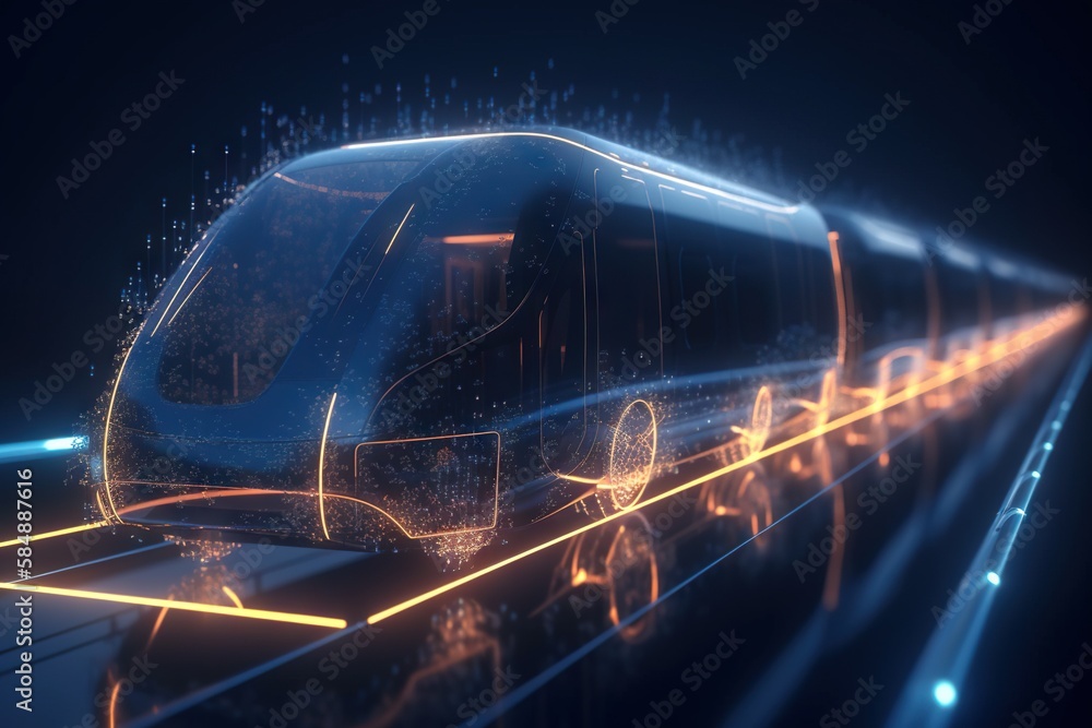 Poster a futuristic train is shown in this image with a blue background subway station animation motion gra