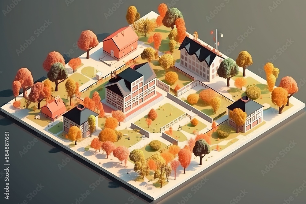 Poster a computer generated image of a small town surrounded by trees and bushes university campus animatio