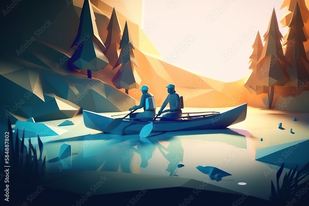 Poster two people in a boat on a lake with trees in the background river paper cutting motion graphics gene