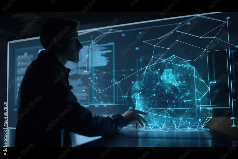 Poster a man is looking at a computer screen with a futuristic design deep sea trench animation data analyt