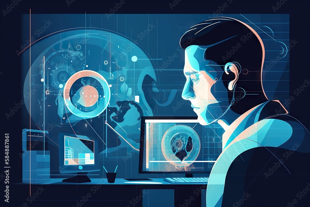Poster a man looking at a computer screen with a futuristic interface in the background workshop graphic de