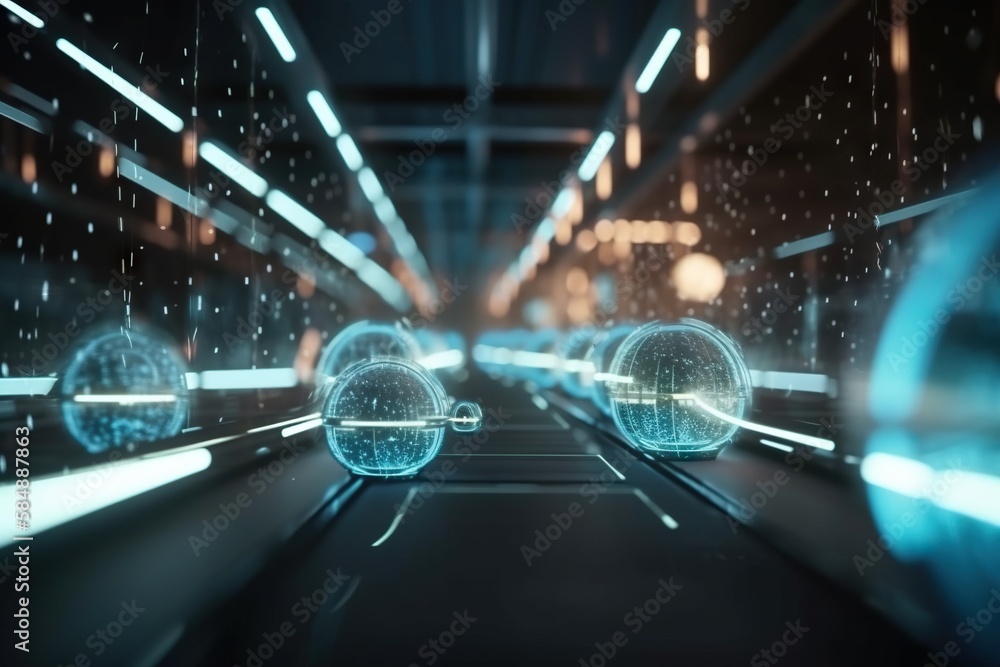 Poster a futuristic tunnel with glowing lights and balls in the middle of it factory animation supply chain