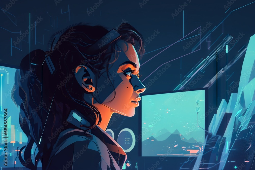 Aufkleber a woman looking at a computer screen in a dark room with neon lights arcade animation computers