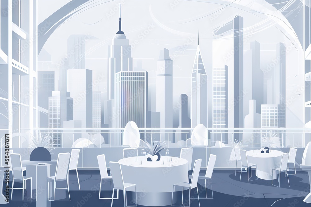 Poster a room with tables and chairs and a view of a city rooftop bar art deco event coordination generativ