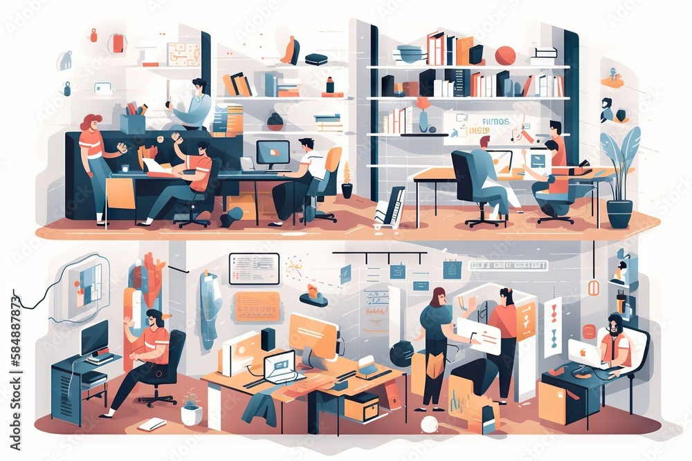 Poster two illustrations of people working in a home office one on a computer workshop graphic design workp