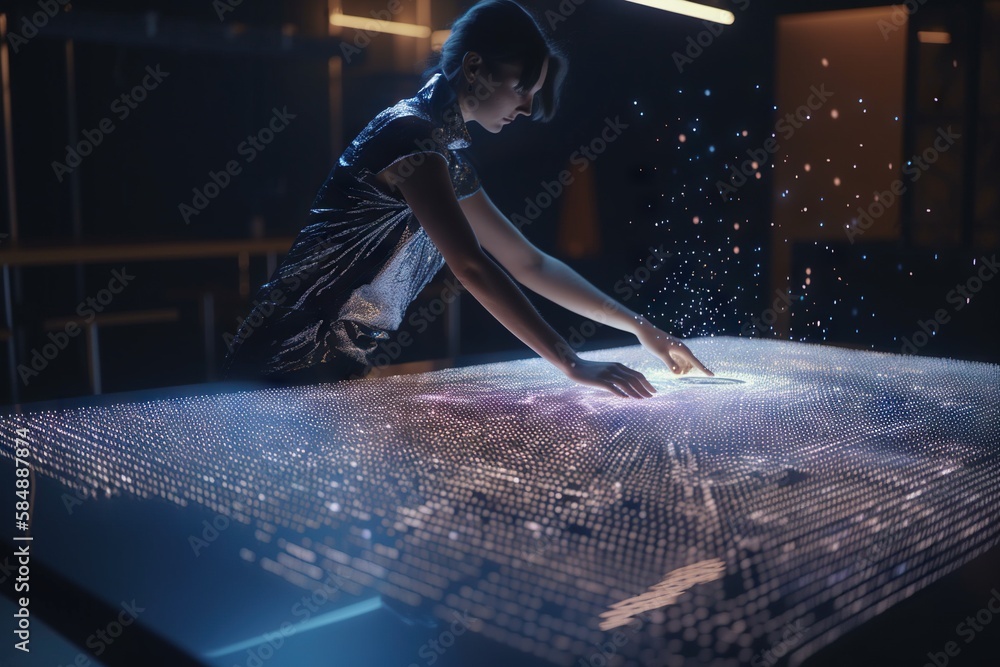 Poster a woman is using a large screen to make a display of data science museum kinetic art motion graphics