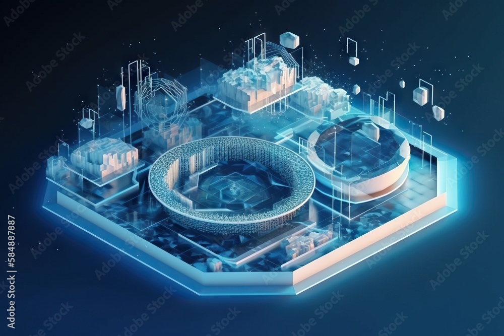 Poster a futuristic city with a circular object in the middle of it stadium animation motion graphics gener