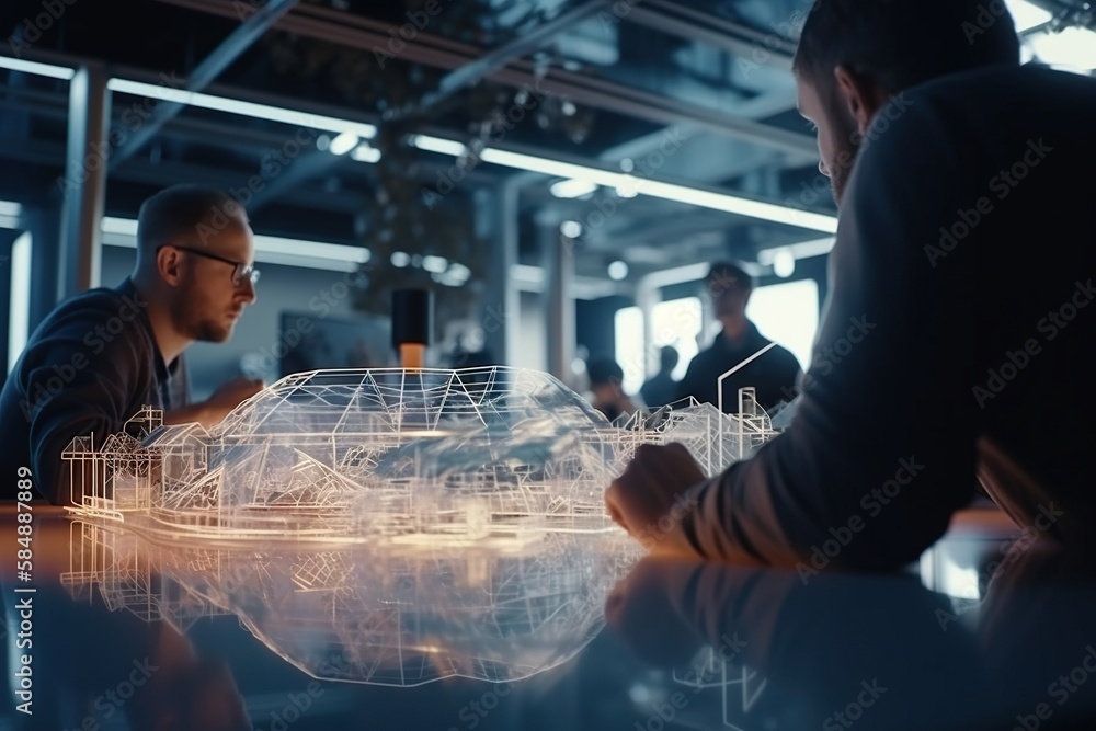 Poster two men sitting at a table looking at a model of a building conference room animation architectural 