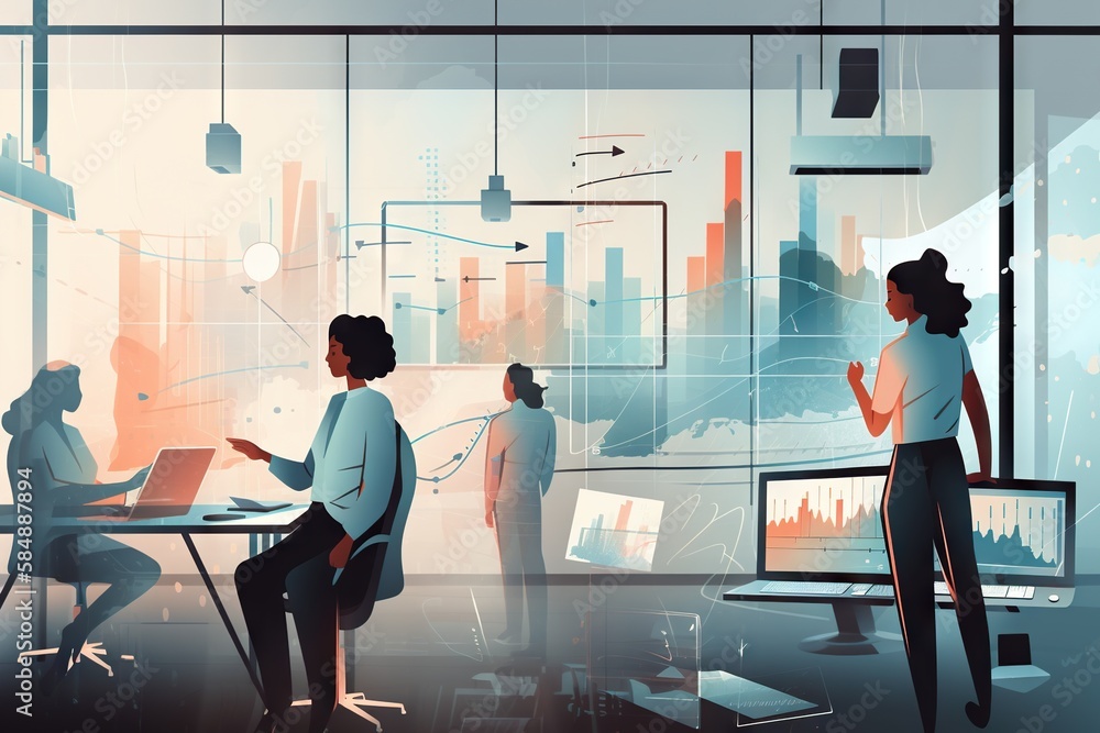 Poster a group of people sitting around a table with computers on it conference room graphic design hr anal