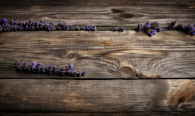 Obraz na płótnie Canvas lavender flowers on old wood, flat lay with copy space created with Generative AI technology