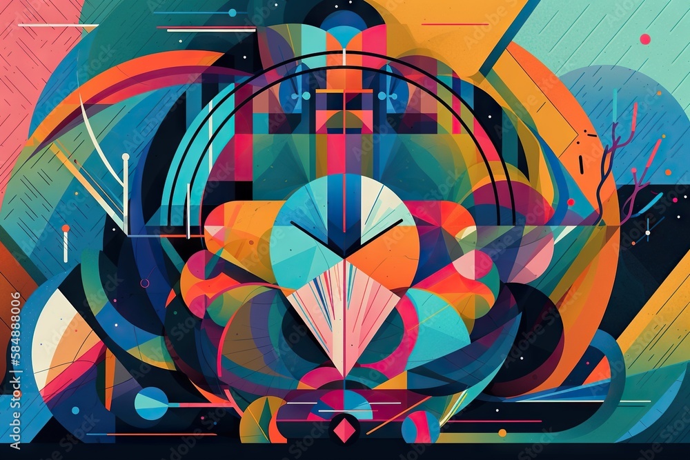 Poster a colorful abstract painting with a clock on it's face lunar landscape cubism motion graphics genera