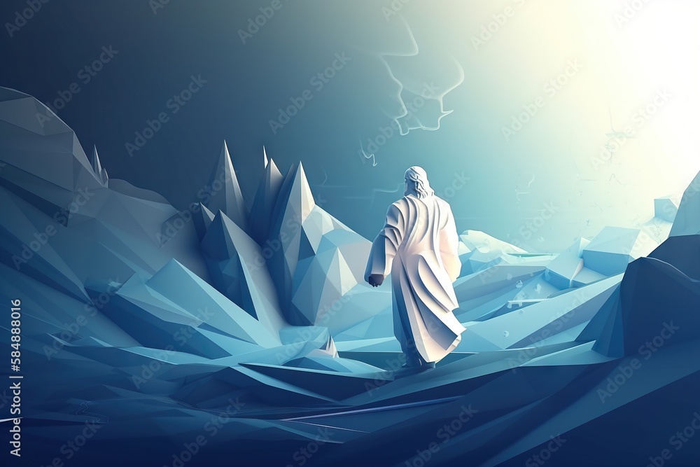 Poster a man in a white robe standing in a mountain landscape with icebergs mountain graphic design motion 