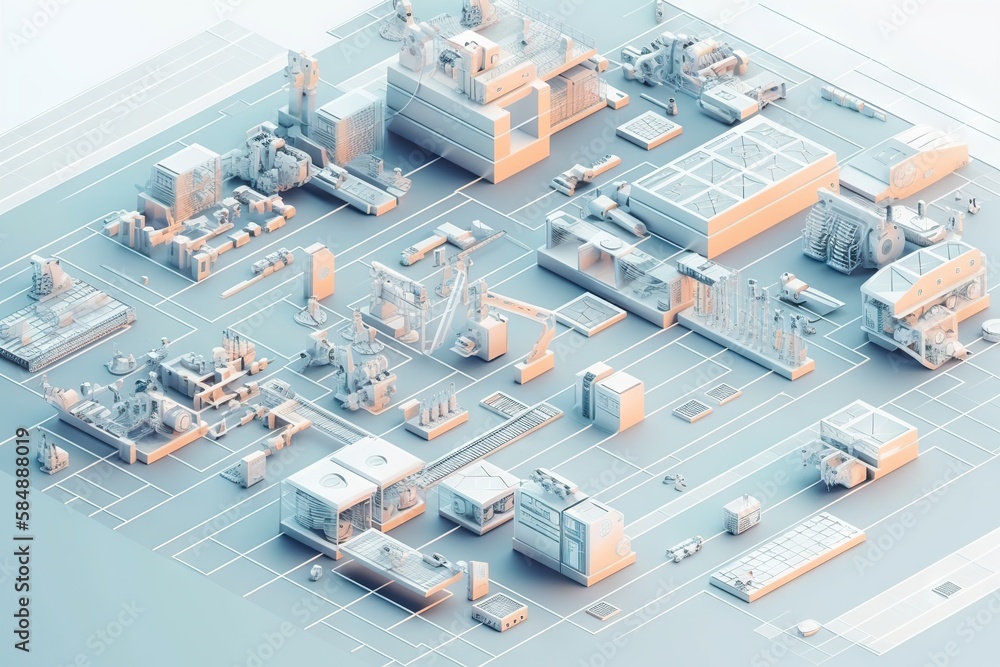 Poster a computer generated image of a factory with a lot of equipment factory animation manufacturing plan