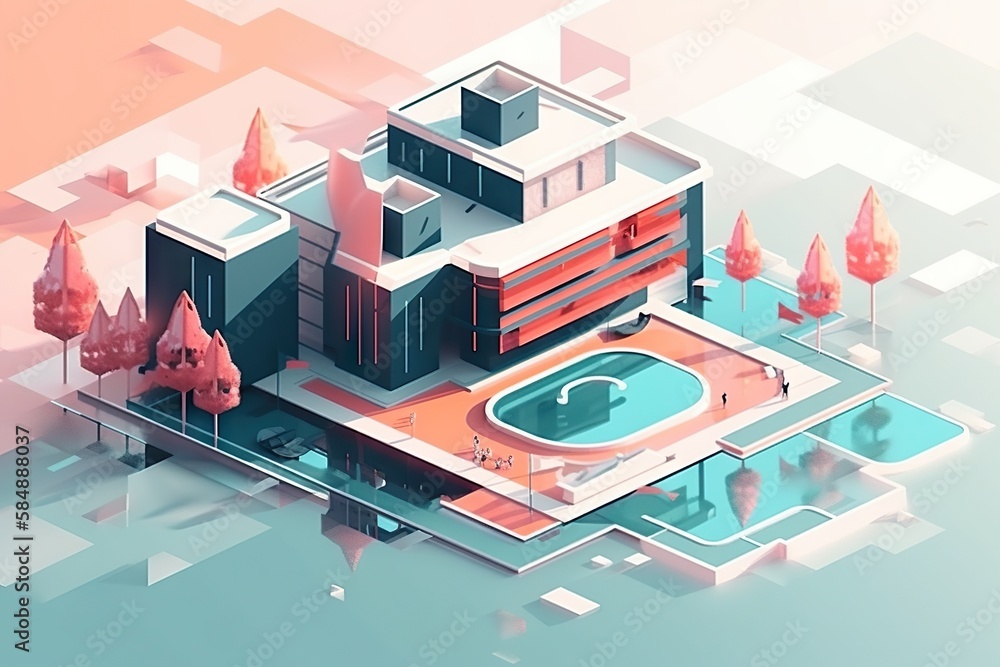 Poster a house with a pool in the middle of it and trees around it bank animation motion graphics