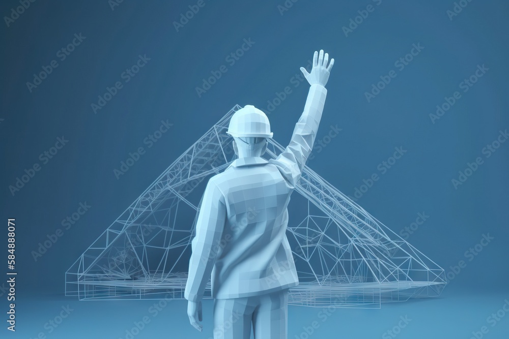 Poster a man in a white suit and a white helmet is standing in front of a structure construction site const