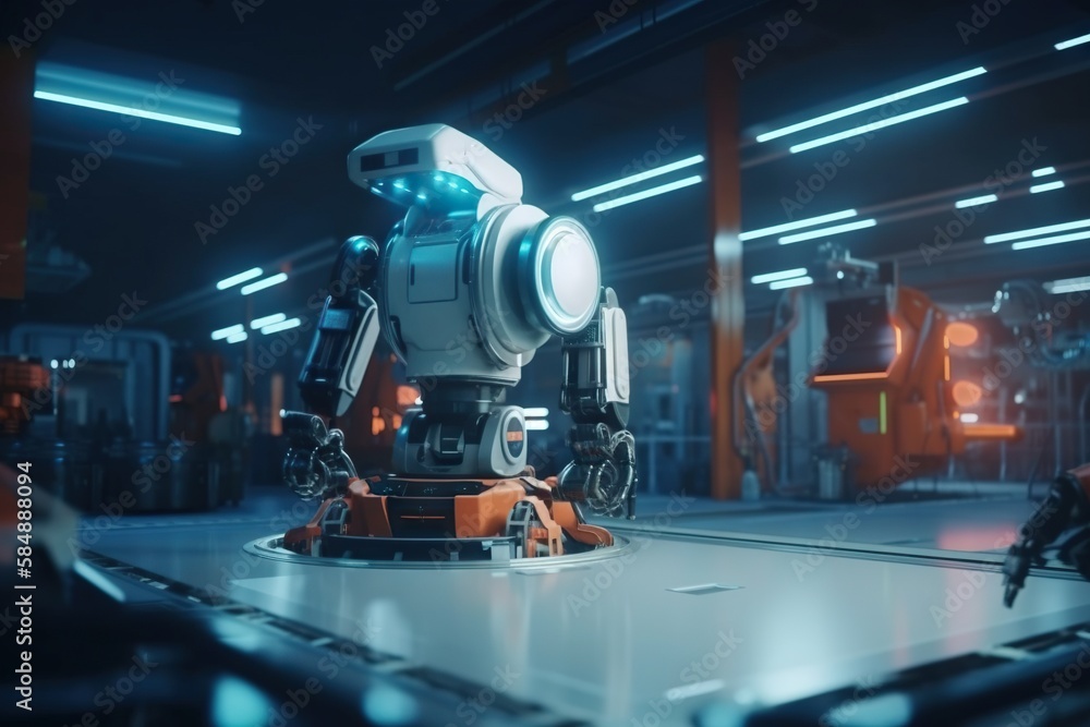 Poster a robot is standing in a large room with lights on it factory animation robotics engineering