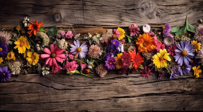 wild flowers on old wood, flat lay with copy space created with Generative AI technology