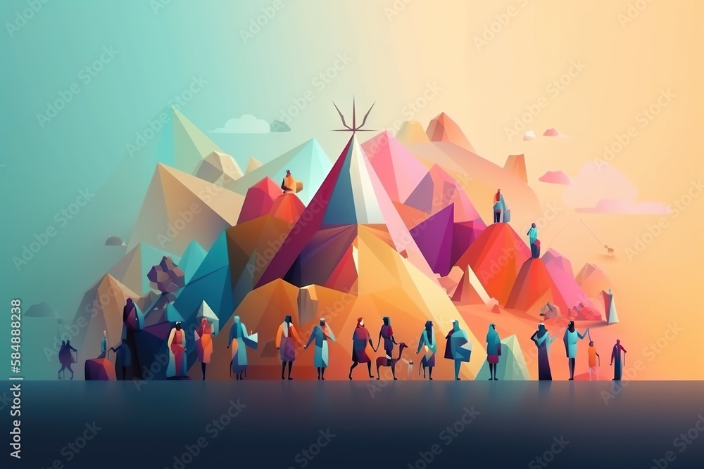 Poster a group of people standing in front of a mountain with a windmill tundra animation motion graphics g