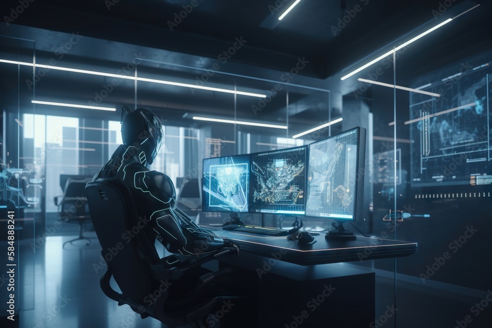 Poster a computer desk with a monitor and a keyboard and mouse on it conference room animation cybersecurit