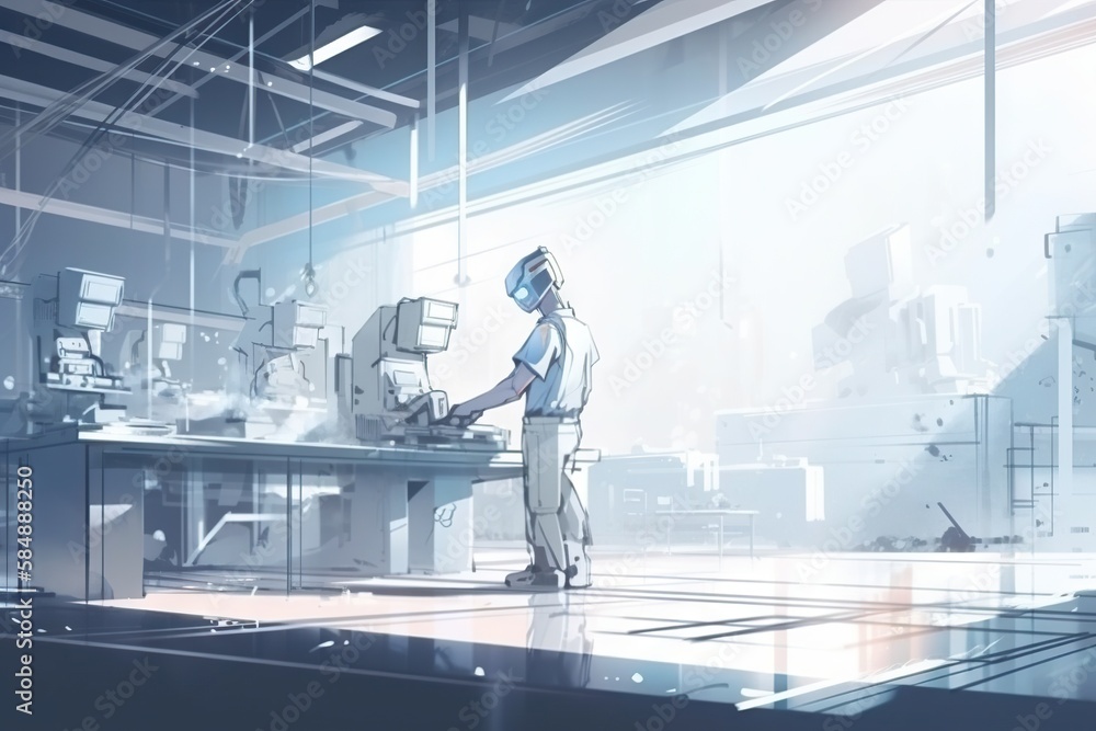 Poster a man standing in a factory with a machine in the background factory animation manufacturing generat
