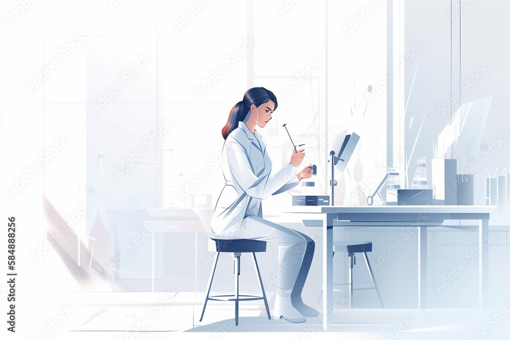 Poster a woman in a lab coat sitting at a desk with a computer workshop animation clinical research generat