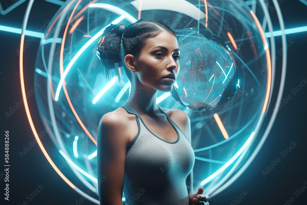 Aufkleber a woman in a gray tank top standing in front of a circular object arcade video art motion graphics g