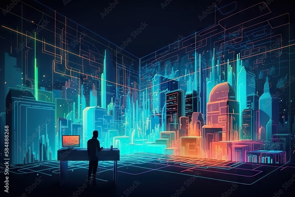 Poster a man standing in front of a computer monitor in a room modern city skyline at night video art compu