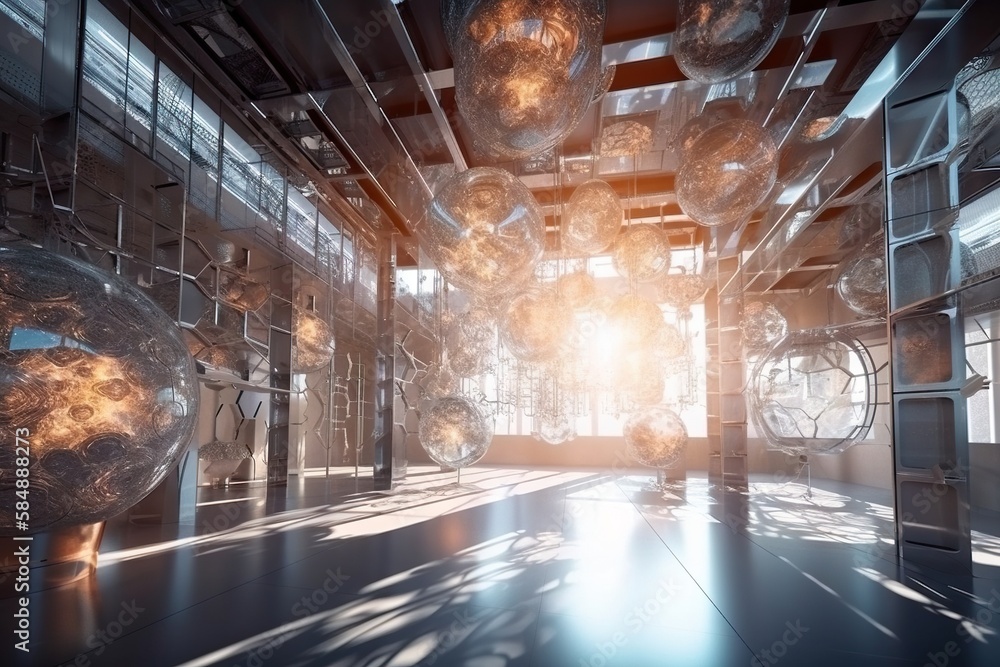 Poster a large room with a lot of shiny objects in it's walls factory installation art supply chain optimiz