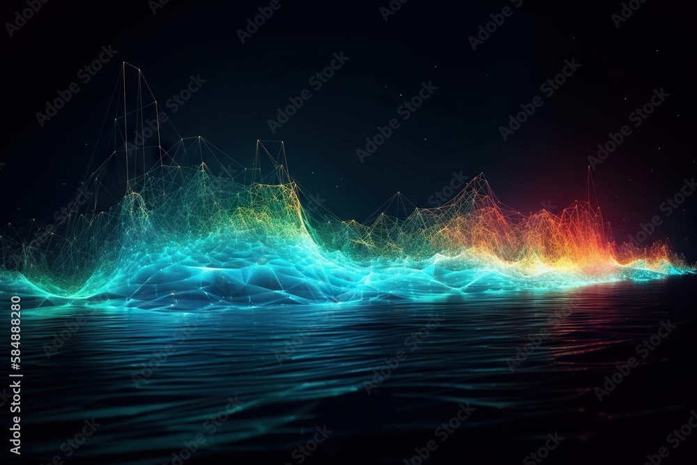 Poster A Colorful Wave Of Water With A Dark Background And A Bright Light Deep Sea Trench Time-lapse Photography Data Analytics Generative AI 