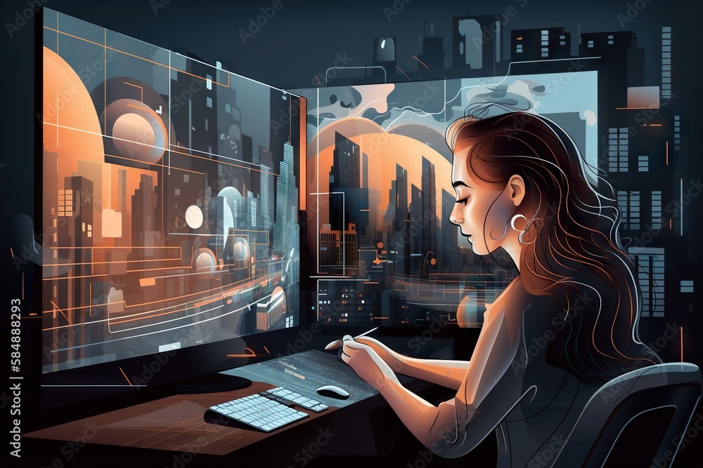Poster a woman sitting at a desk with a computer in front of her modern city skyline in the evening graphic