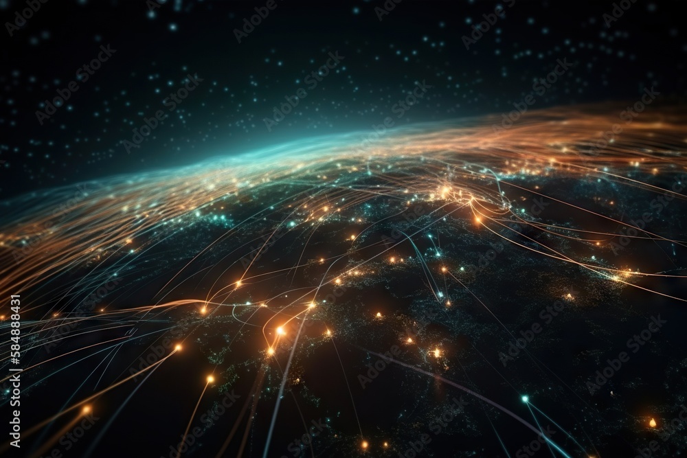 Aufkleber a large network of lights over a dark background with stars and lines deep sea trench panoramic phot