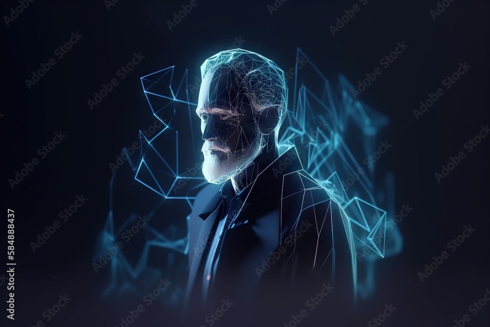 Poster a man in a suit and tie with a futuristic background of blue lines factory animation motion graphics