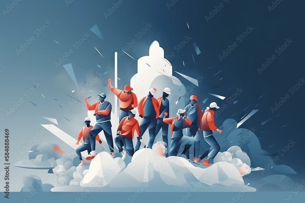 Poster a group of people standing on top of a mountain with flags ski slope animation motion graphics gener
