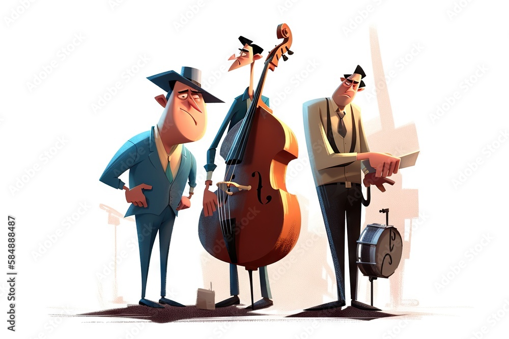 Poster a couple of cartoon characters standing next to each other with musical instruments car dealership a