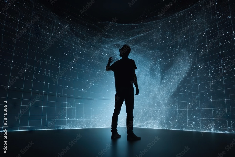 Poster a man standing in front of a wall with a pattern on it workshop video art data analytics generative 