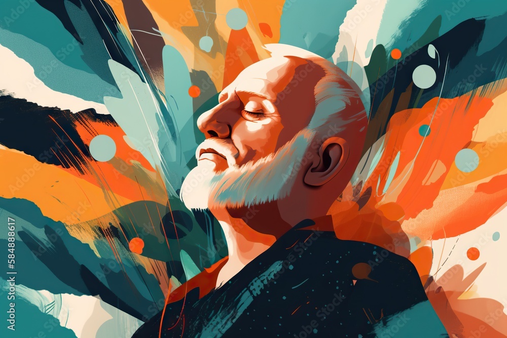 Poster a man with a beard and a beard standing in front of a colorful background zoo fauvism mindfulness ge