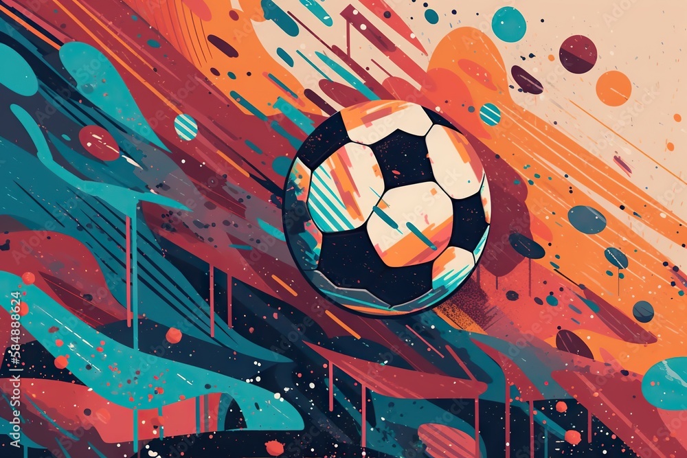 Aufkleber a soccer ball is flying through the air with colorful paint splatters soccer field abstract expressi