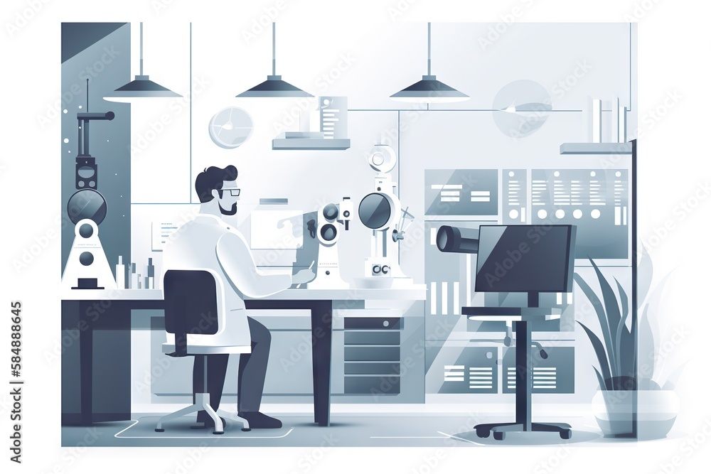 Poster a man in a lab working on a computer screen with a microscope factory animation robotics engineering