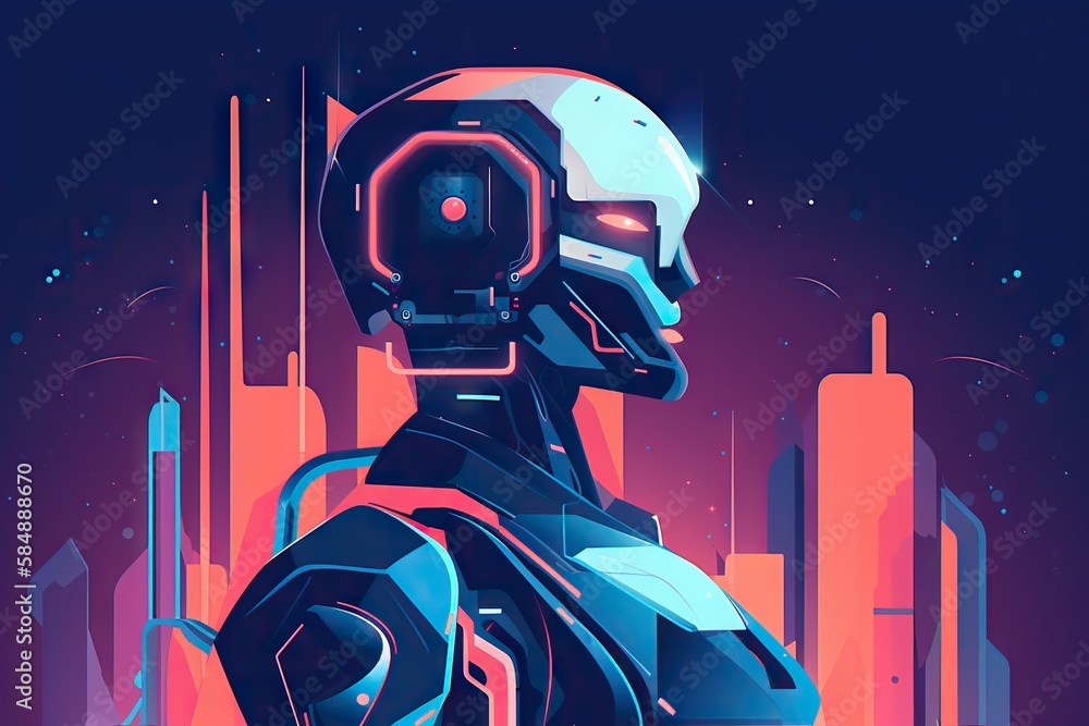 Poster a futuristic man in a futuristic suit with a futuristic city in the background factory graphic desig